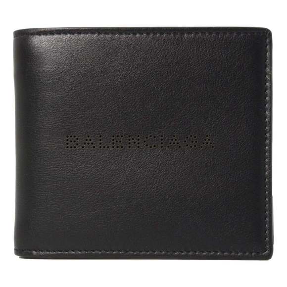 Balenciaga Cash Black Calfskin Leather Perforated Bifold